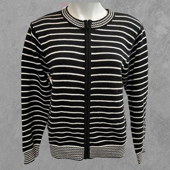 Talbots Striped Cardigan Sweater Large Black White Zip Up Preppy Academia Office - Picture 1 of 7